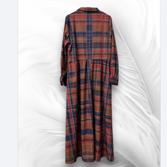 Plaid Long Sleeve Maxi Shirt Dress With Belt – Brown Navy Red - Picture 3 of 11